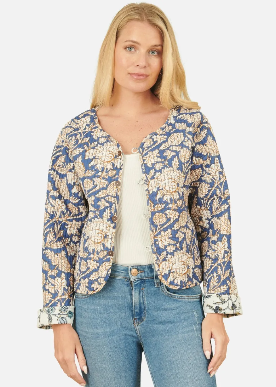 Coats & Jackets>Yumi Blue Floral Reversible Cotton Quilted Jacket