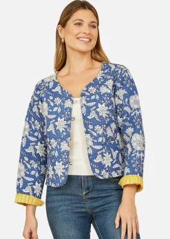 Coats & Jackets>Yumi Blue Floral Reversible Cotton Quilted Jacket