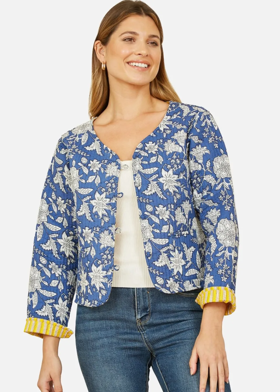 Coats & Jackets>Yumi Blue Floral Reversible Cotton Quilted Jacket