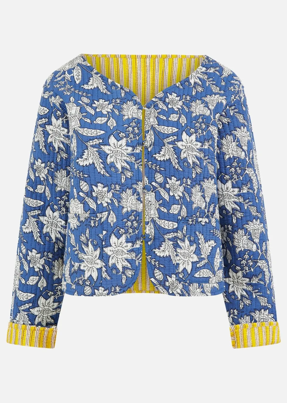 Coats & Jackets>Yumi Blue Floral Reversible Cotton Quilted Jacket