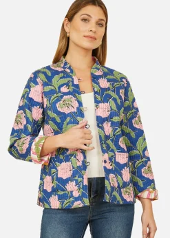 Coats & Jackets>Yumi Blue Floral Reversible Cotton Quilted Jacket