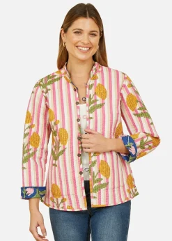 Coats & Jackets>Yumi Blue Floral Reversible Cotton Quilted Jacket