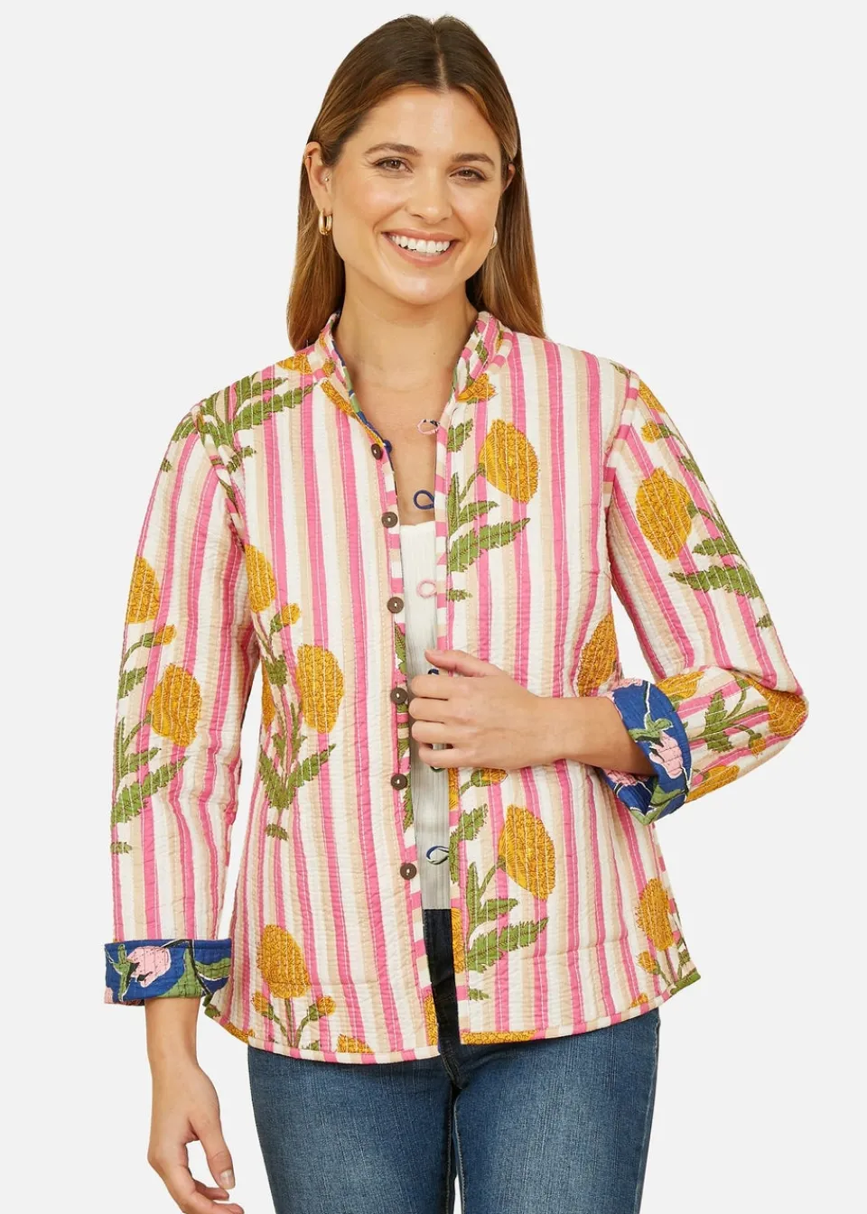 Coats & Jackets>Yumi Blue Floral Reversible Cotton Quilted Jacket