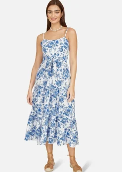 Dresses>Yumi Blue Floral Strappy Midi Dress With Front Tie