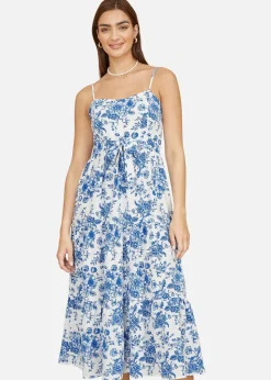 Dresses>Yumi Blue Floral Strappy Midi Dress With Front Tie