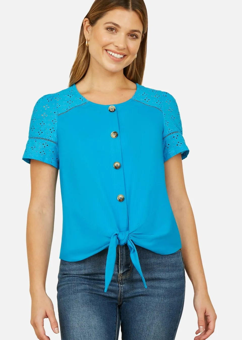 Tops>Yumi Blue Jersey Button Detail T Shirt With Broderie Anglaise Sleeves & Tie Front