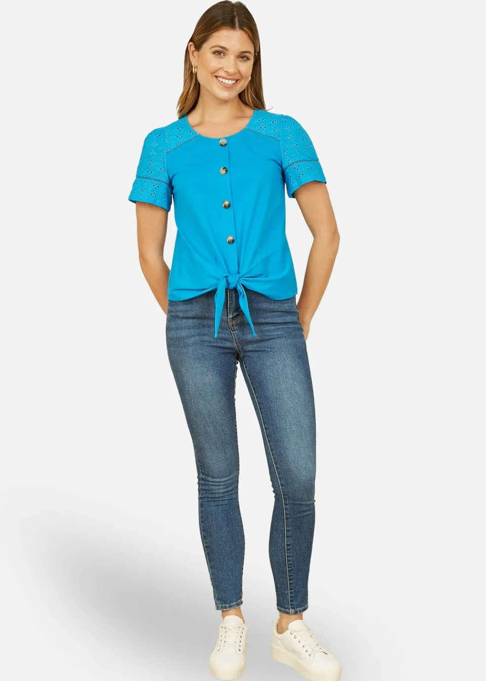 Tops>Yumi Blue Jersey Button Detail T Shirt With Broderie Anglaise Sleeves & Tie Front