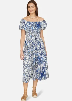 Dresses>Yumi Blue Ruched Waist Bardot Blossom Tree Print Midi Dress