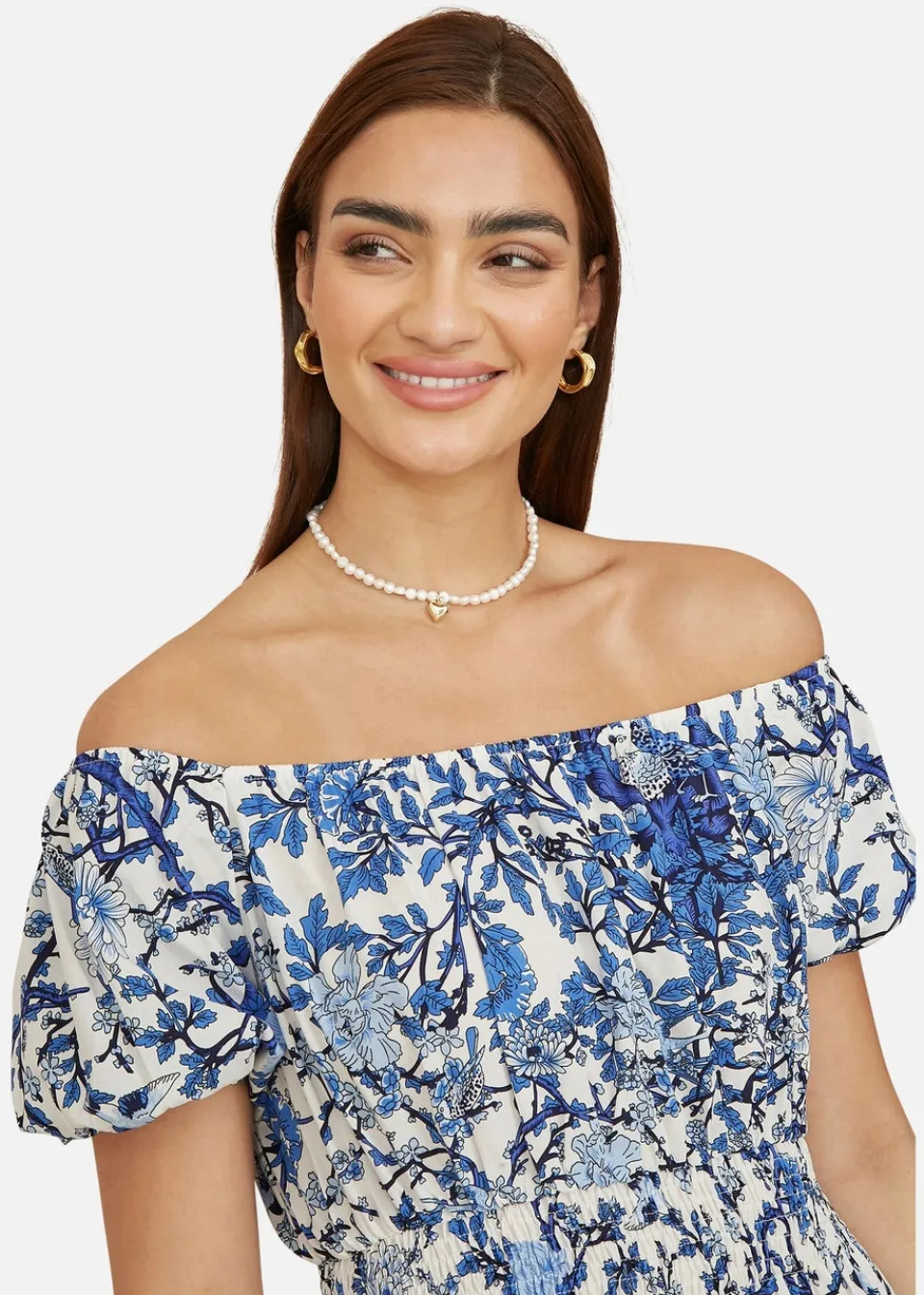 Dresses>Yumi Blue Ruched Waist Bardot Blossom Tree Print Midi Dress
