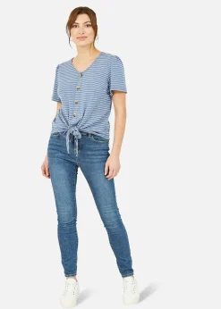 T-Shirts>Yumi Blue Striped Jersey Button Detail Top