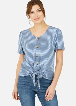 T-Shirts>Yumi Blue Striped Jersey Button Detail Top