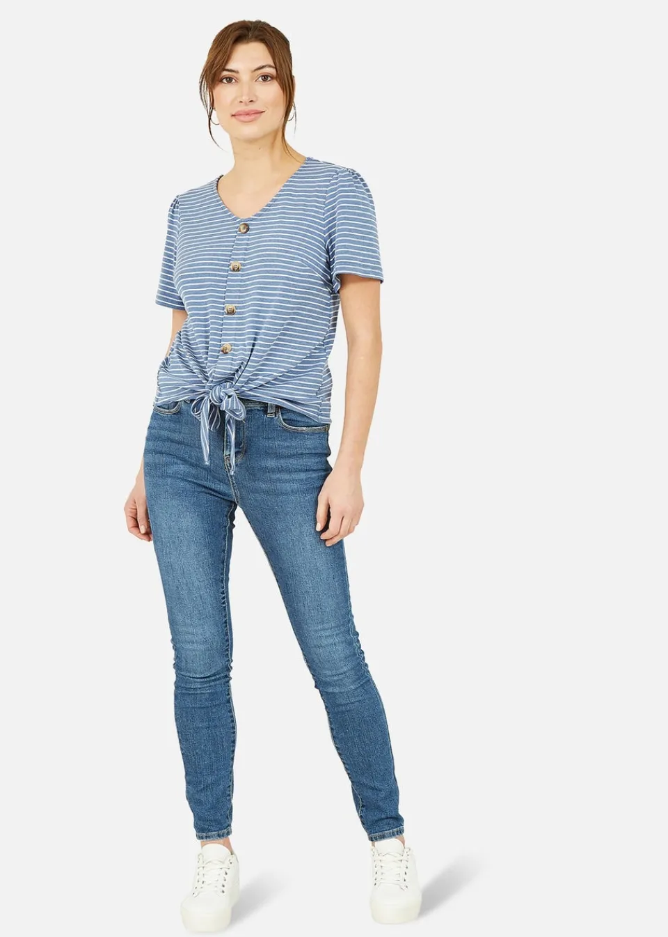 T-Shirts>Yumi Blue Striped Jersey Button Detail Top