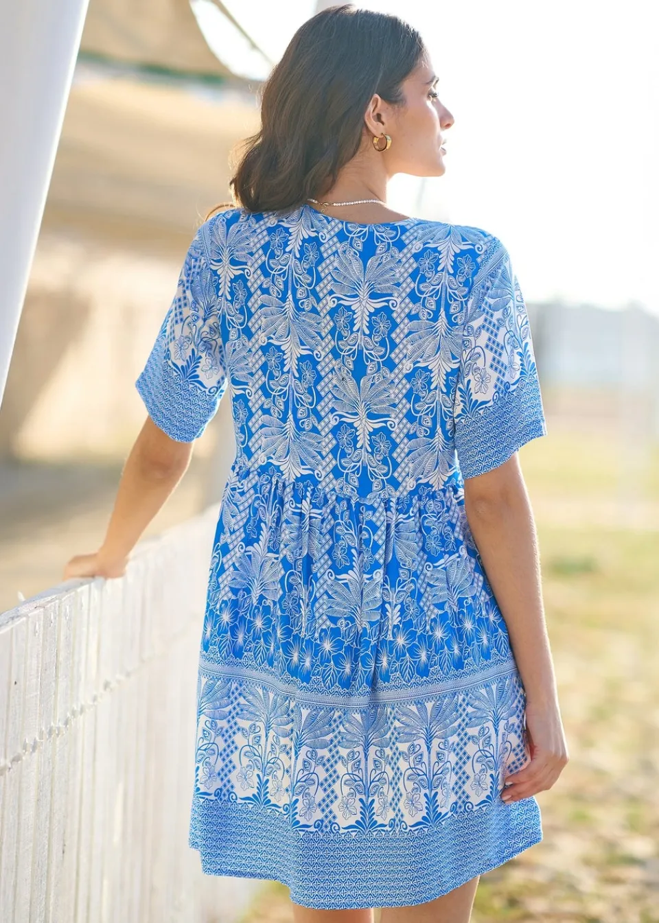 Dresses>Yumi Blue Viscose Palm Relaxed Tunic