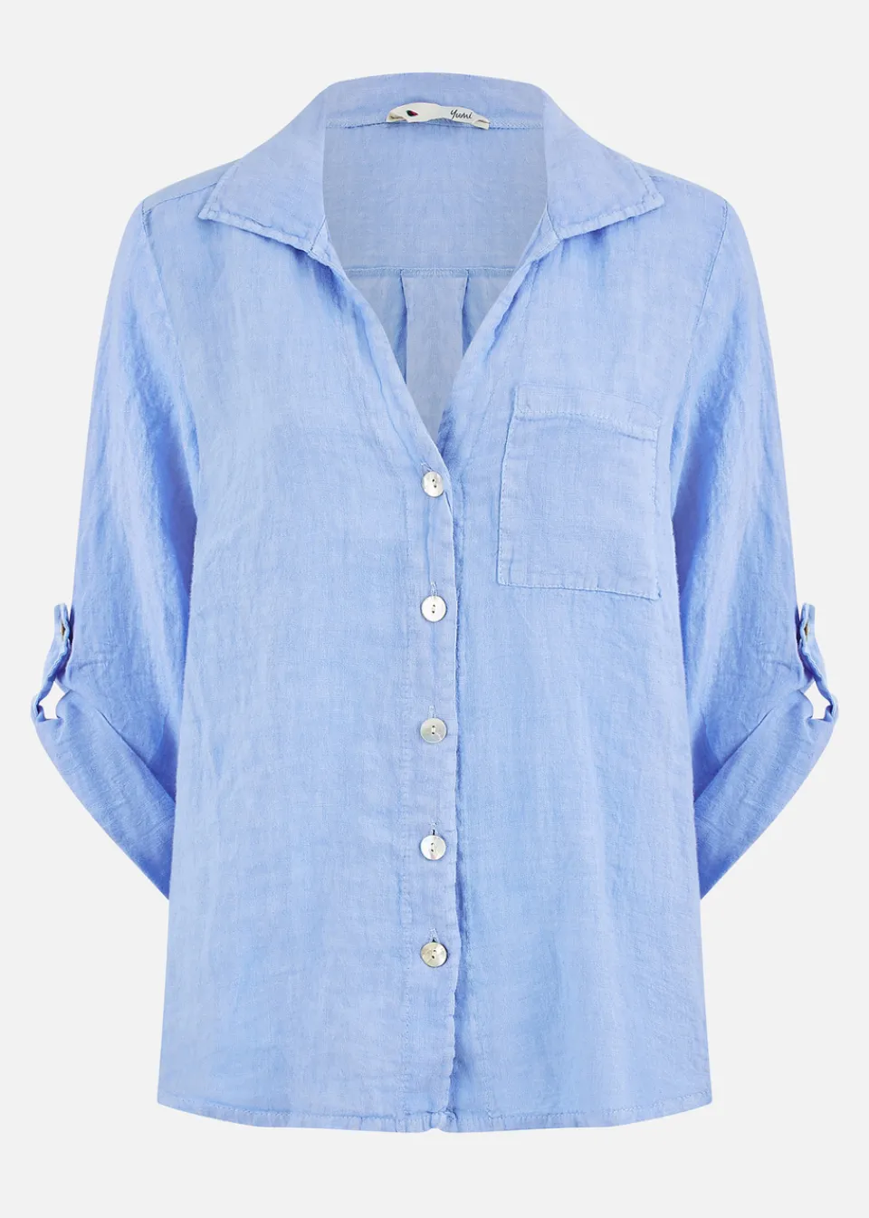 Tops>Yumi Blue Washed Linen Relaxed Shirt