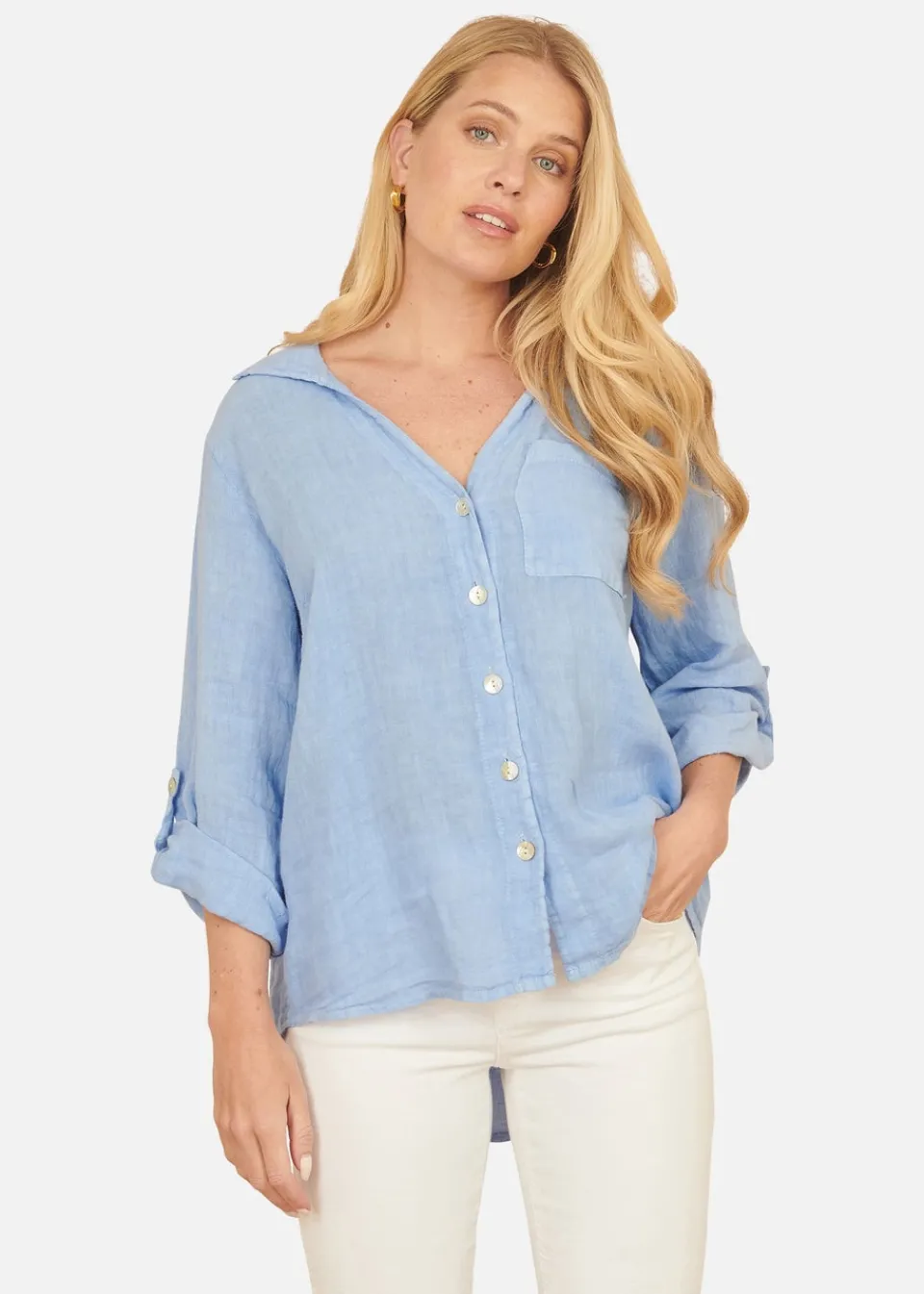 Tops>Yumi Blue Washed Linen Relaxed Shirt