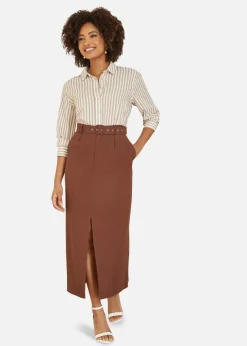 Skirts>Yumi Brown Cotton Midi Skirt With Belt And Split Hem