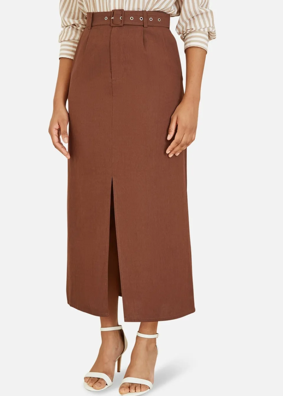 Skirts>Yumi Brown Cotton Midi Skirt With Belt And Split Hem