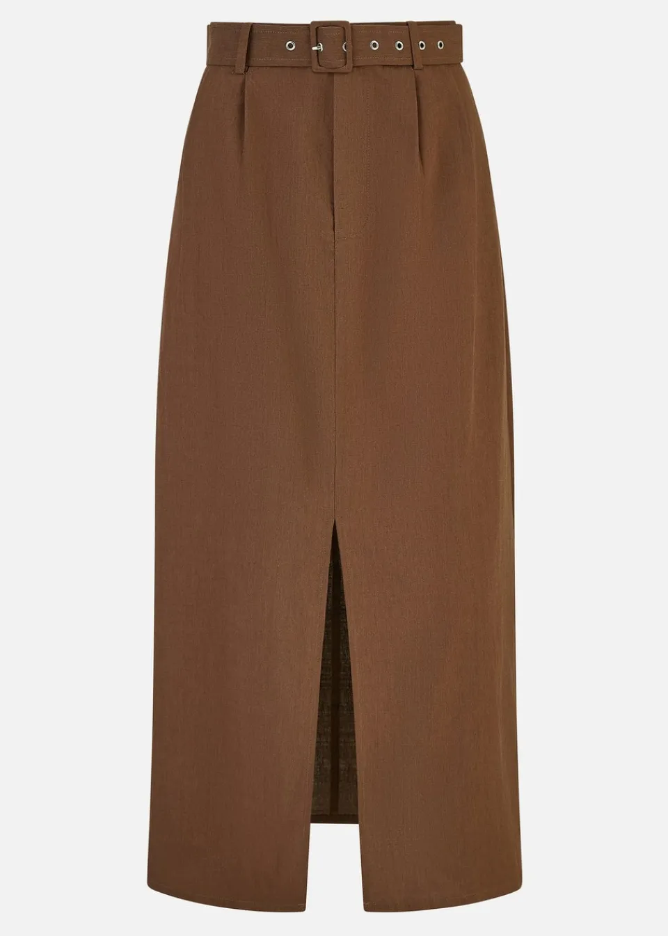 Skirts>Yumi Brown Cotton Midi Skirt With Belt And Split Hem