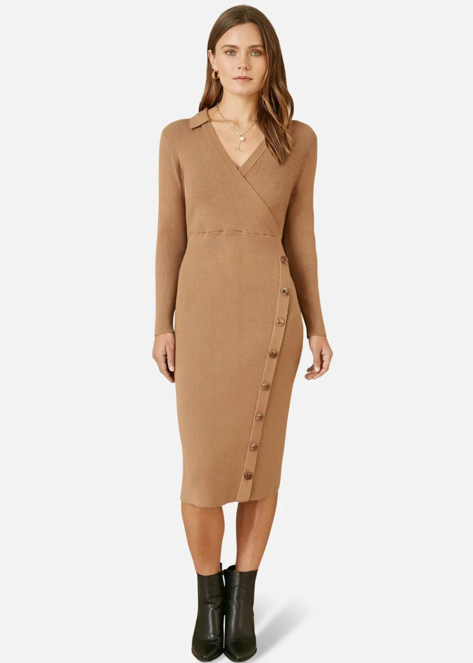 Knitwear>Yumi Knitted Midi Dress With Asymmetric Button Details Brown