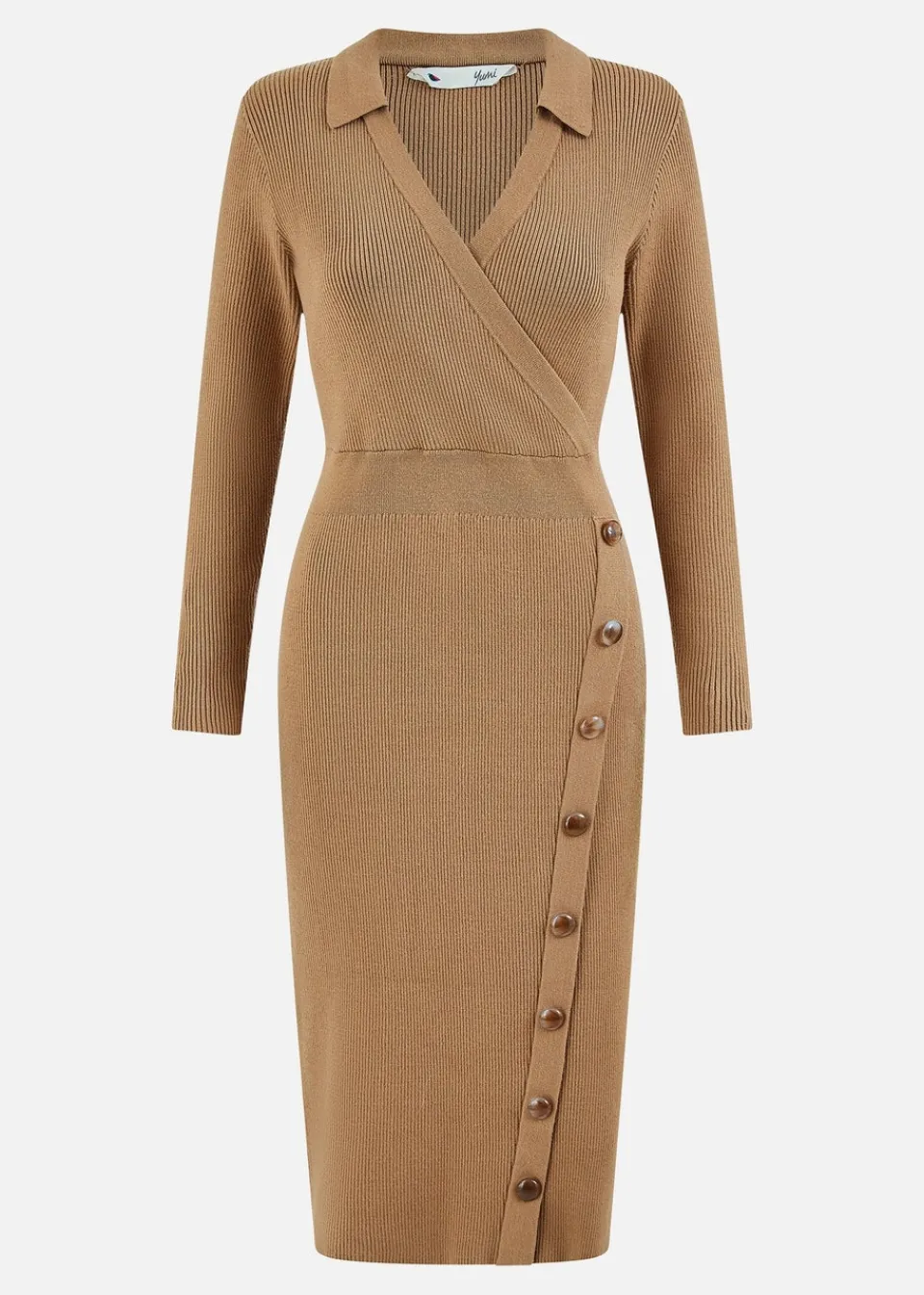 Knitwear>Yumi Knitted Midi Dress With Asymmetric Button Details Brown