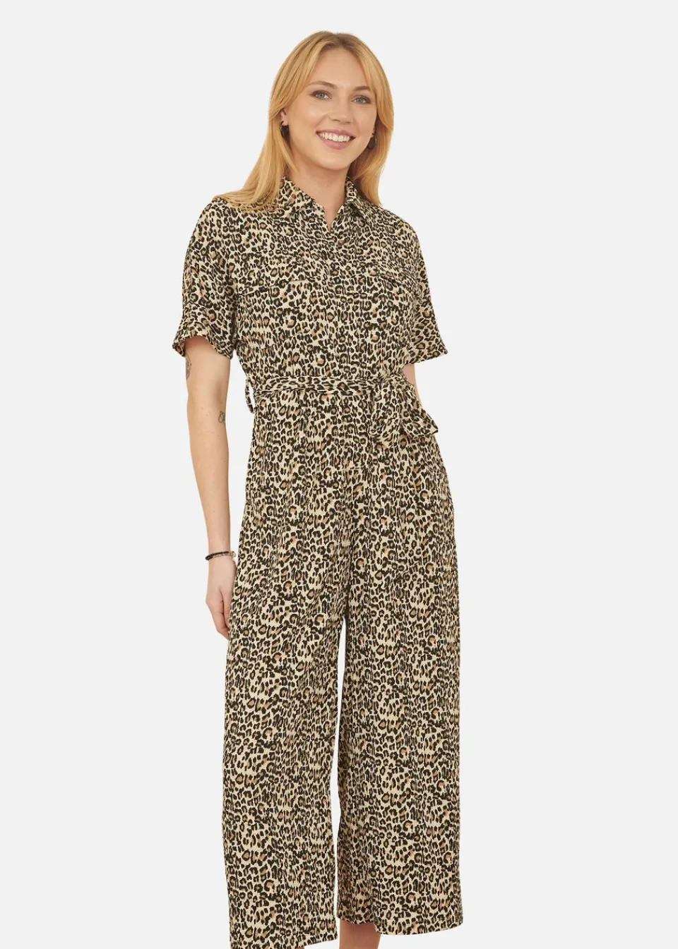 Jumpsuits & Playsuits>Yumi Brown Leopard Print Pleated Fabric Jumpsuit