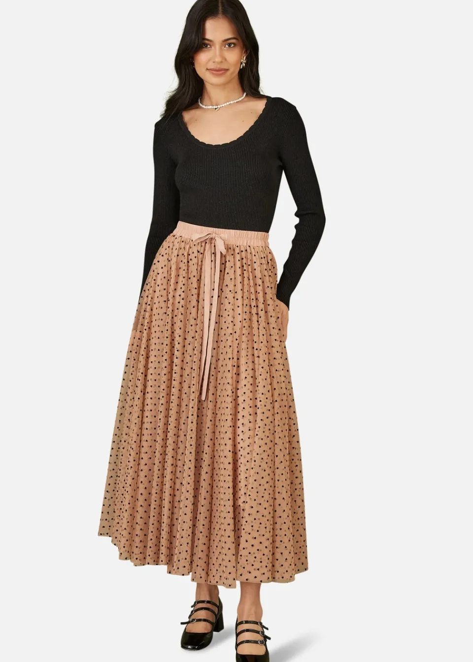 Skirts>Yumi Brown Mesh Heart Print Tulle Skirt