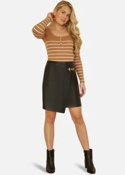 Tops>Yumi Brown Stripe Rib Knitted Long Sleeve Top With Button Details