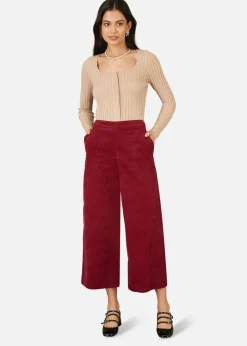 Trousers>Yumi Burgundy Cord Cropped Wide Leg Trousers With Pockets