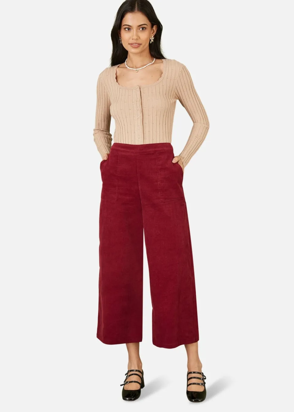 Trousers>Yumi Burgundy Cord Cropped Wide Leg Trousers With Pockets