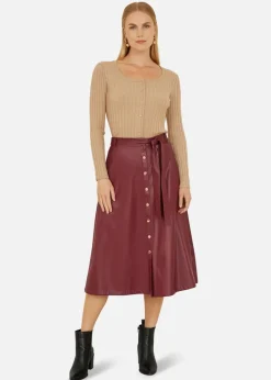 Skirts>Yumi Burgundy Faux Leather A Line Midi Skirt With Button Up Details