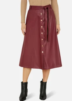 Skirts>Yumi Burgundy Faux Leather A Line Midi Skirt With Button Up Details