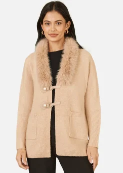 Tops>Yumi Camel Cardigan With Detachable Fur Collar Trim