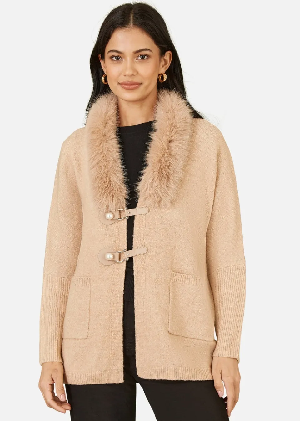 Tops>Yumi Camel Cardigan With Detachable Fur Collar Trim