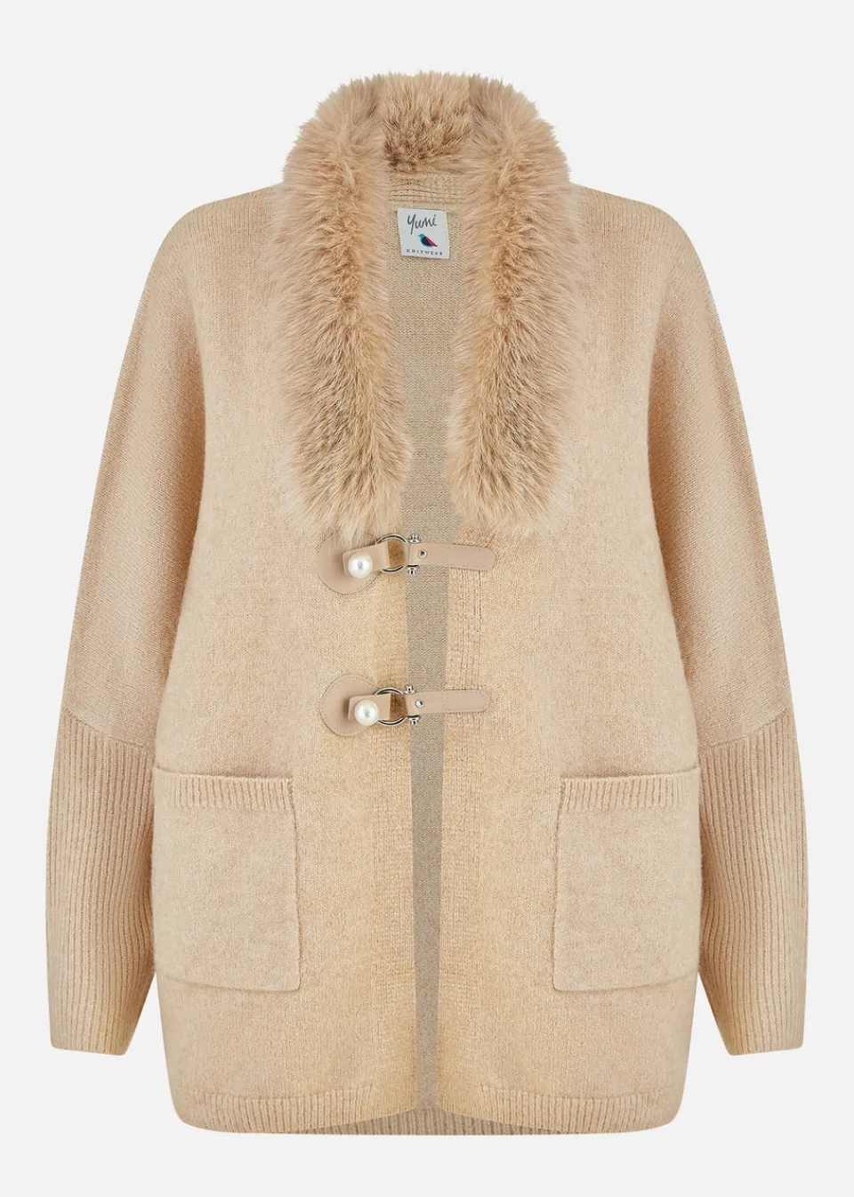Tops>Yumi Camel Cardigan With Detachable Fur Collar Trim