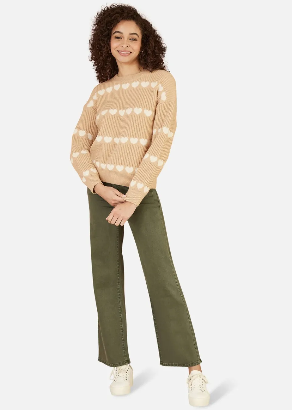 Tops>Yumi Camel Knitted Jumped With Heart Stripes