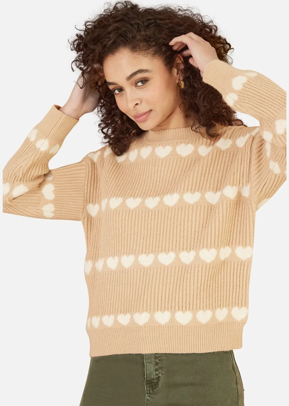 Tops>Yumi Camel Knitted Jumped With Heart Stripes