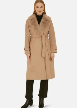 Coats & Jackets>Yumi Camel Wrap Around Coat With Faux Fur Collar