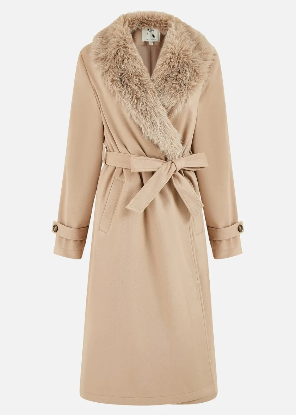 Coats & Jackets>Yumi Camel Wrap Around Coat With Faux Fur Collar