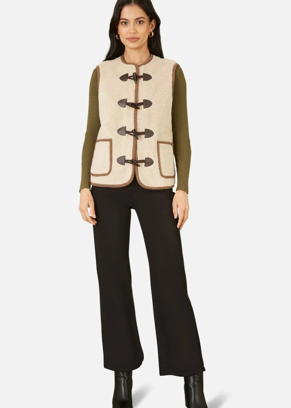 Coats & Jackets>Yumi Cream Borg Gilet With Faux Leather Button Details
