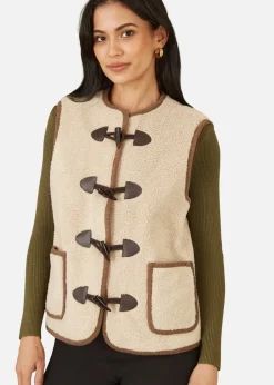 Coats & Jackets>Yumi Cream Borg Gilet With Faux Leather Button Details