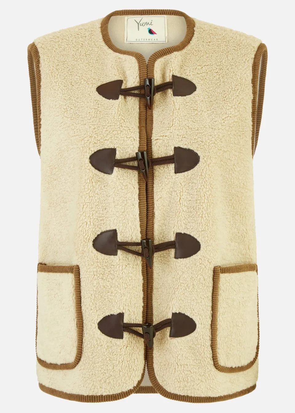 Coats & Jackets>Yumi Cream Borg Gilet With Faux Leather Button Details