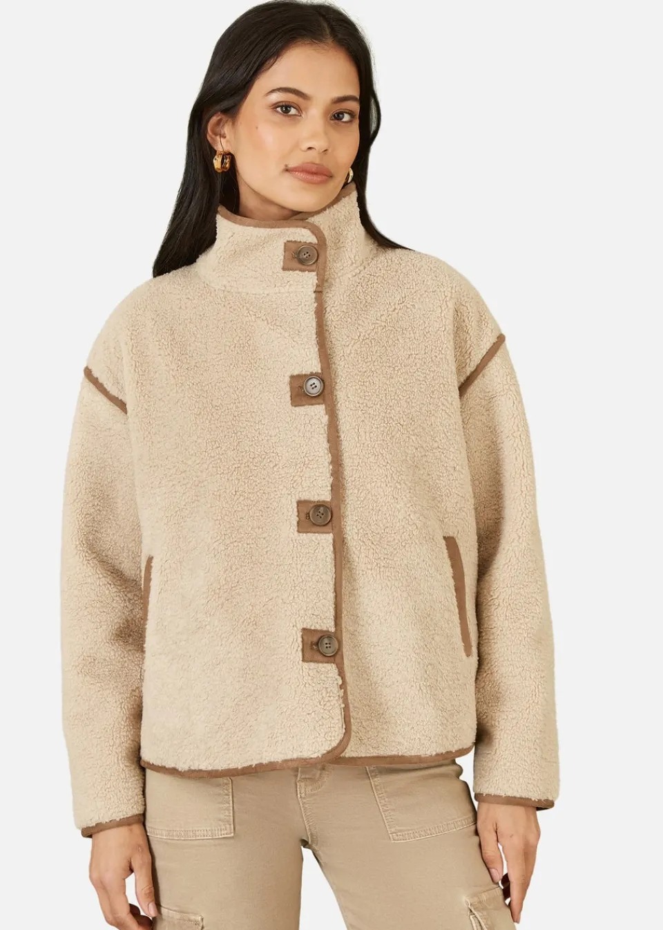 Coats & Jackets>Yumi Cream Borg High Neck Jacket With Faux Leather Trims