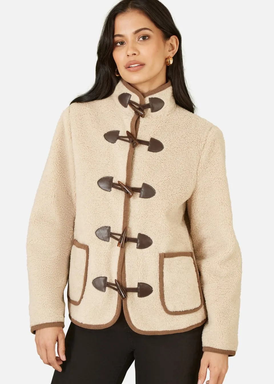 Coats & Jackets>Yumi Cream Borg Jacket With Faux Leather Button Details