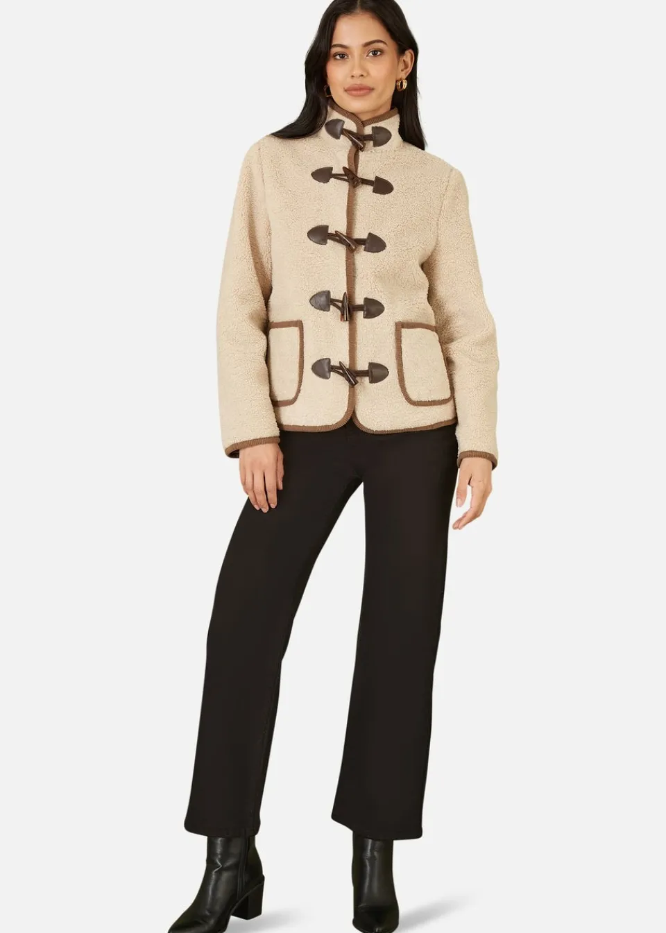 Coats & Jackets>Yumi Cream Borg Jacket With Faux Leather Button Details