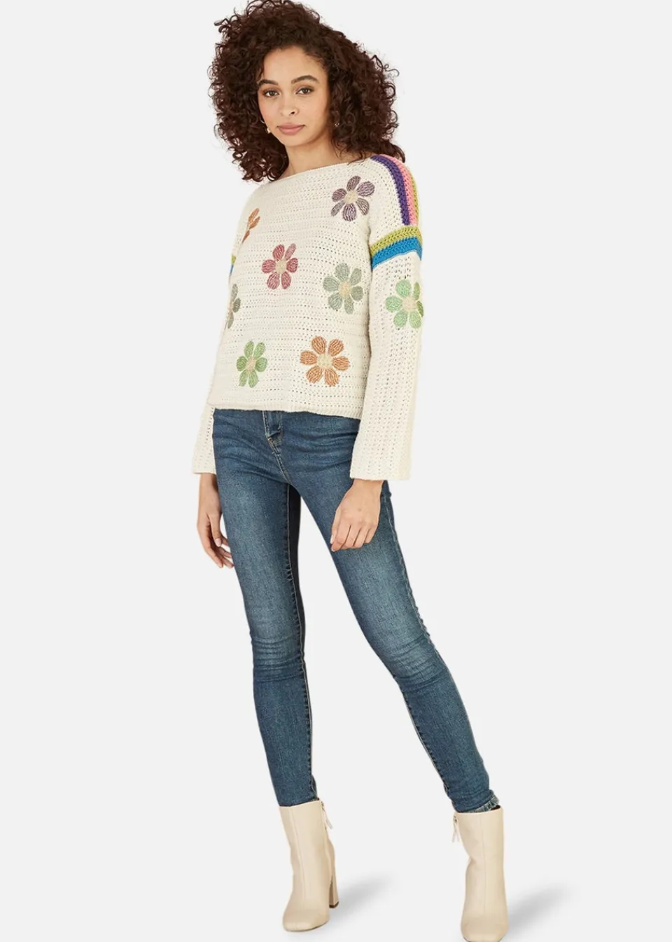 Knitwear>Yumi Cream Crochet Flower Jumper