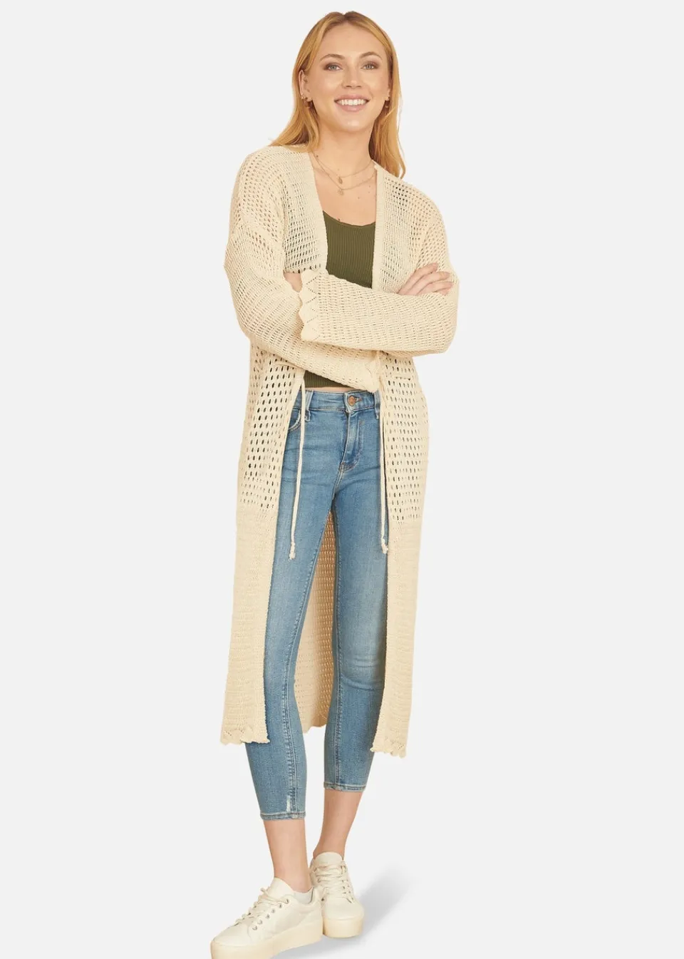 Knitwear>Yumi Cream Crochet Long Line Cardigan With Ties Front