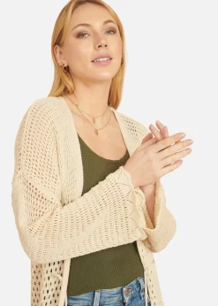 Knitwear>Yumi Cream Crochet Long Line Cardigan With Ties Front