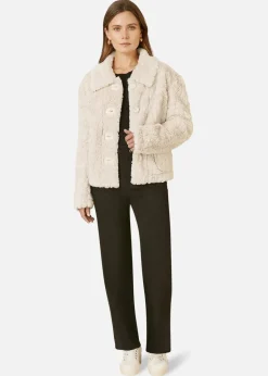 Coats & Jackets>Yumi Cream Luxe Textured Faux Fur Jacket With Pockets