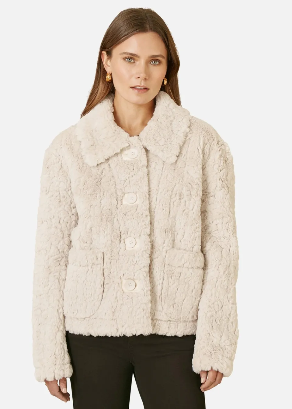 Coats & Jackets>Yumi Cream Luxe Textured Faux Fur Jacket With Pockets