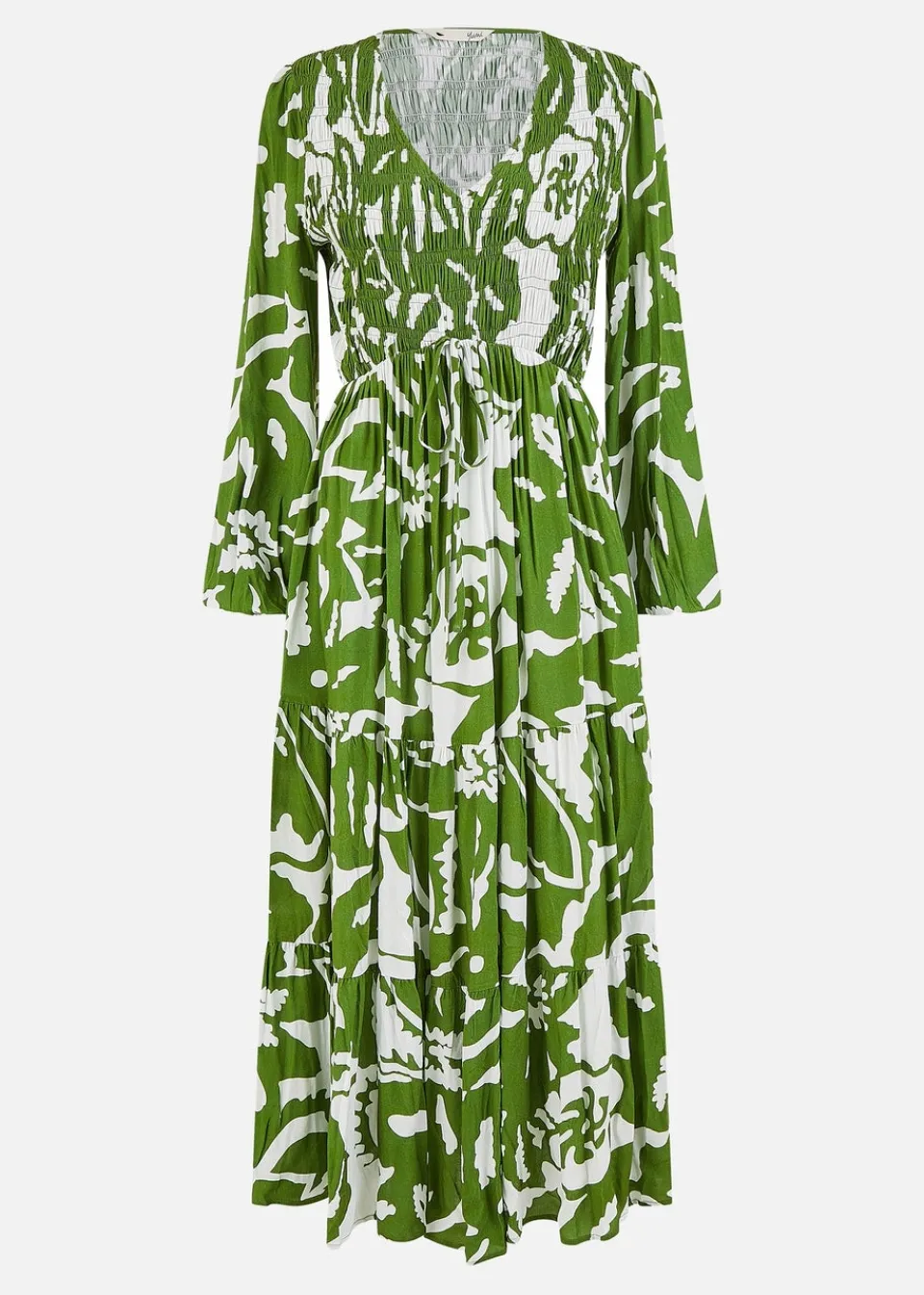 Dresses>Yumi Green Abstract Print Ruched Midi Dress With Long Sleeves